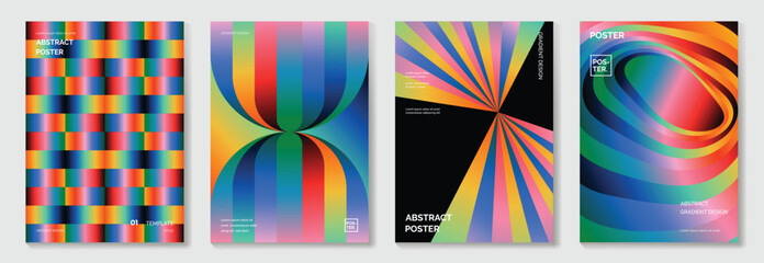 Rainbow bridge gradient poster background vector set. Cover template with vibrant perspective geometric prism shapes. Ideal design for social media, cover, banner, flyer.