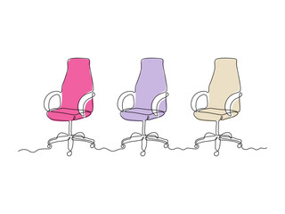 set of three Computer chair, office chair with wheels,continuous single one line art hand drawing sketch logo