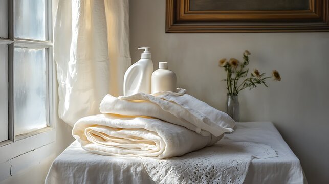 Soft white bedding stacked neatly near a window in natural light offers a tranquil, cozy scene for rest and relaxation.