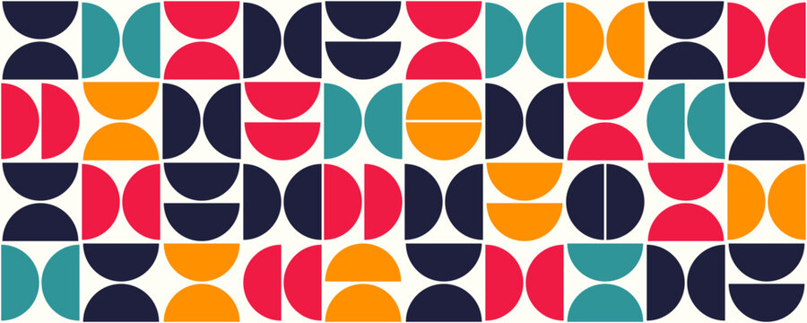 Abstract bauhaus seamless pattern. Half circle shapes background. Monochrome geometric simple art design. Color texture in bauhaus style. Vintage mosaic seamless pattern. Vector illustration.