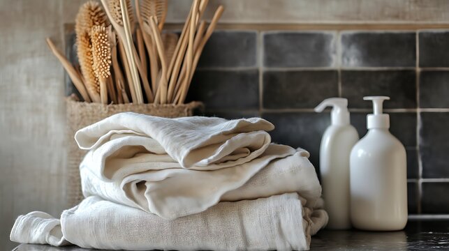 Natural bathroom still life featuring towels, brushes, and soap dispensers with a clean and minimalistic aesthetic.