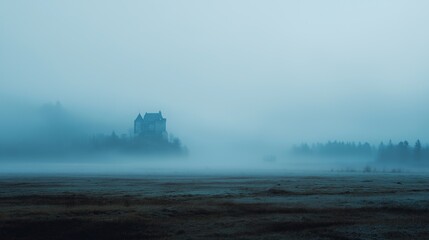Mysterious House in Foggy Landscape Scene