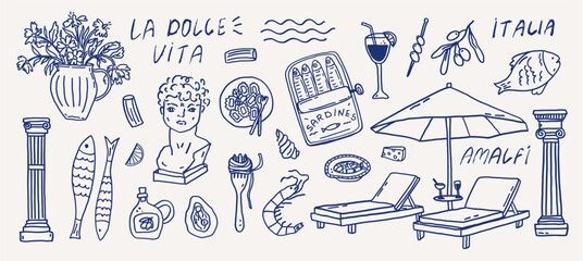 Whimsical Italian vacation vibes hand drawn set. Coastal mediterranean food party summer sketch of floral vase, statue, sardines and beach loungers. Wedding coquette elements for greeting card templat