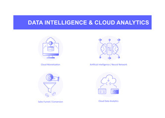 Data Intelligence and Cloud Analytics – Driving Growth with AI and Monetization Icons with editable stroke.