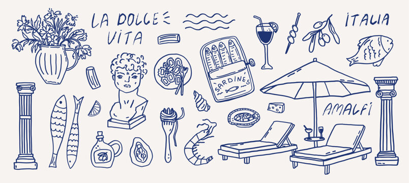 Whimsical Italian vacation vibes hand drawn set. Coastal mediterranean food party summer sketch of floral vase, statue, sardines and beach loungers. Wedding coquette elements for greeting card templat - Powered by Adobe