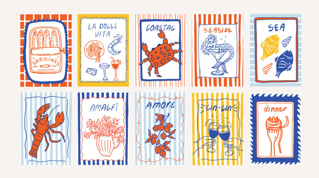 Coastal whimsical hand drawn cards set. Italian summer vacation mediterranean beach sea sketch border frame. Seaside wedding coquette greeting card template vector illustration