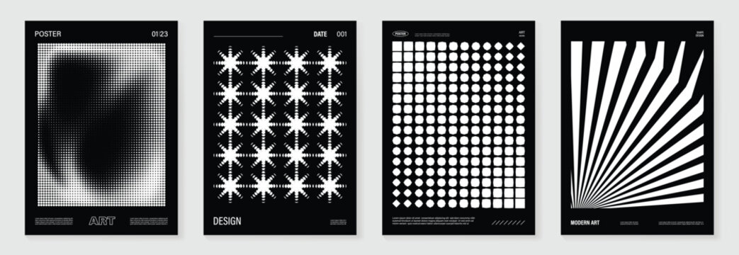 Abstract monochrome poster background vector set. Modern cover template with black and white perspective geometric prism shape, line, dot halftone. Ideal design for social media, banner, ads.