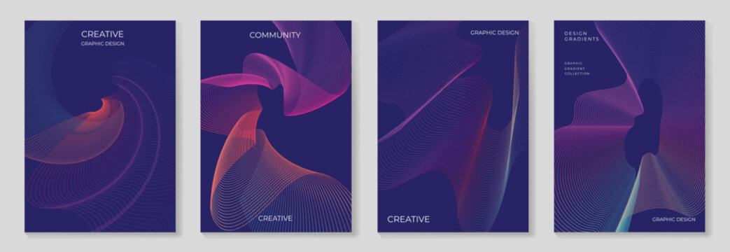 Abstract line wave gradient poster background vector set. Minimalist cover template with vibrant perspective line wave in motion. Ideal design for social media, cover, banner, flyer, music, ads.