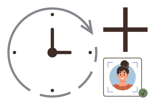 Clock with curved arrow, plus sign for addition, and user avatar with checkmark symbolizing account creation, scheduling, or time management. Ideal for user interface, registration, time tracking