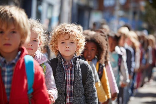 Multicultural children lined up outside school on a sunny day