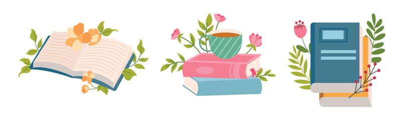 Vector illustration of decorative books with flowers and leaves. Aesthetic floral book design in flat style