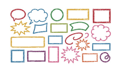 Modern vector illustration of a hand-drawn doodle-style asset pack of colorful speech bubbles, rectangular and round frames, arrows, banners, explosion bursts, wavy lines, easily editable.