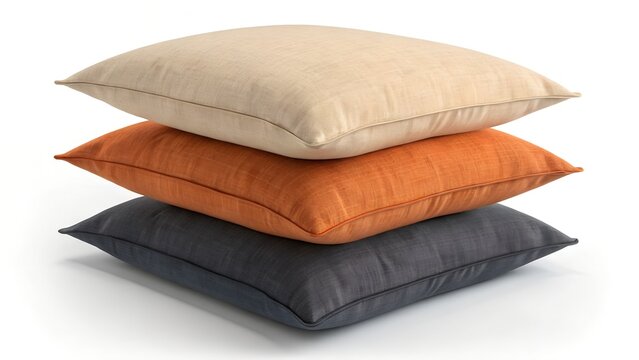 Three textured throw pillows stacked in a neat pile on a clean white background featuring beige orange and charcoal colors
