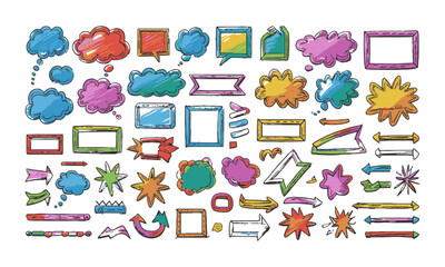 Obraz premium Modern vector illustration of a hand-drawn doodle-style asset pack of colorful speech bubbles, rectangular and round frames, arrows, banners, explosion bursts, wavy lines, easily editable.