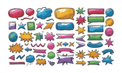 Modern vector illustration of a hand-drawn doodle-style asset pack of colorful speech bubbles, rectangular and round frames, arrows, banners, explosion bursts, wavy lines, easily editable.