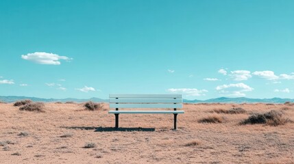 White Bench on Dry Landscape Under Clear Blue Sky Demonstrating Peaceful Isolation and Vastness