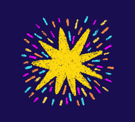 Crayon doodle firework symbol. Hand drawn firework pencil sketch. Chalk magic star sparkle. Crayon color texture starburst. Vector illustration on white background.