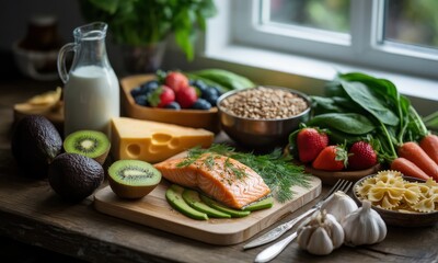Healthy Food Still Life with Salmon, Avocado, and Fruits