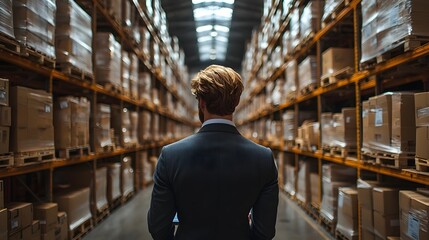 Businessman analyzing inventory data in a warehouse
