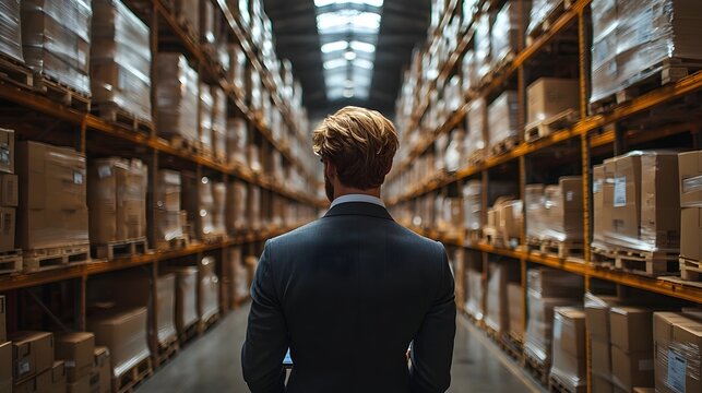 Businessman analyzing inventory data in a warehouse