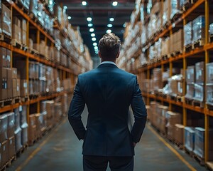 Corporate leader overseeing a large warehouse