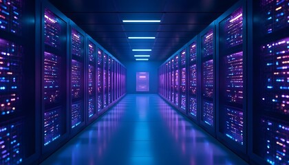 Data Center Server Racks with Blue and Purple Led Lights in Modern Technology Facility