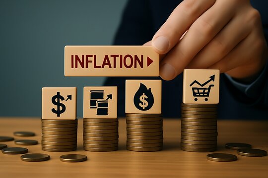 Hand places inflation block on stacks of coins with economic symbols