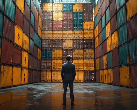 Businessman overseeing a large warehouse filled with stacked shipping containers