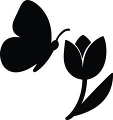 Silhouette butterfly flying near tulip flower simple design Vector illustration