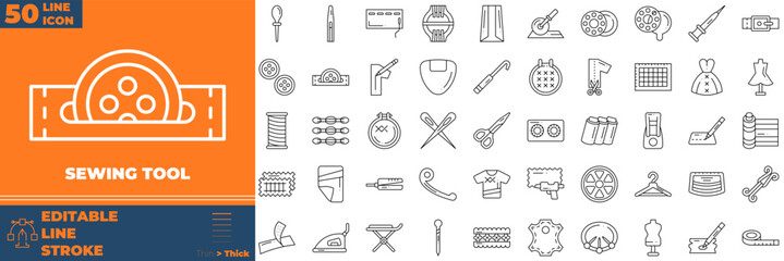 Sewing Tool Line Editable Icons set. Vector illustration in modern thin line style of sewing tool icons: cloth roller, fabrics, Knife cutter, etc