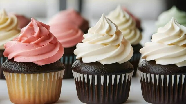 A row of decorated cupcakes with swirled frosting in various colors, featuring chocolate and vanilla bases.