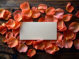 Delicate rose petals framing a blank white gift card on a wooden table