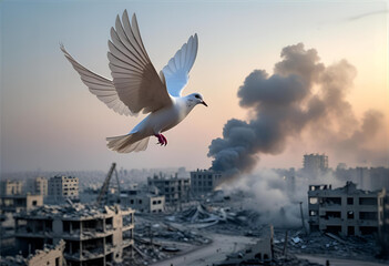 White dove flying over a warzone. Peace vs destruction symbolism.