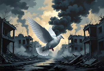 White dove flying over a warzone. Peace vs destruction symbolism.
