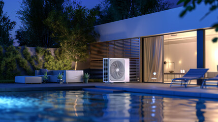 Modern air heat pump by a pool, blending efficiency with sleek outdoor design.