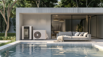 Modern air heat pump by a pool, blending efficiency with sleek outdoor design.