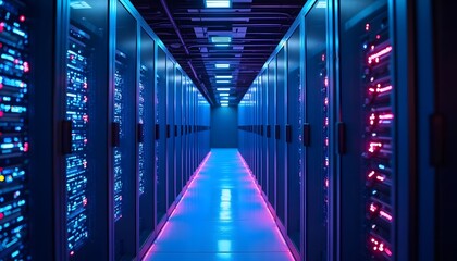 Data Center Server Racks with Blue and Pink Led Lights in Modern Technology Environment