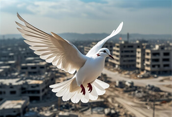 White dove flying over a warzone. Peace vs destruction symbolism.