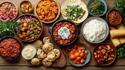 Assorted Authentic Dishes on Wooden Table with Vibrant Colors