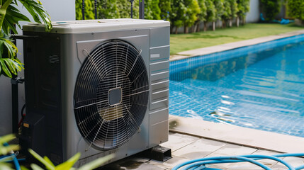 Modern air heat pump by a pool, blending efficiency with sleek outdoor design.