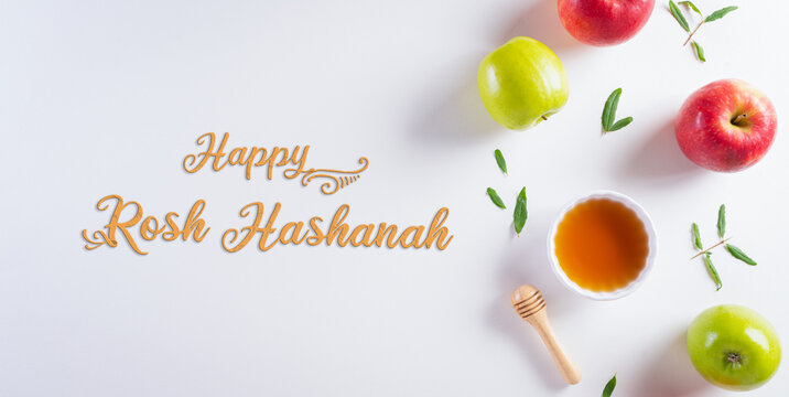 Rosh hashanah (jewish New Year holiday), Concept of traditional or religion symbols on white background.