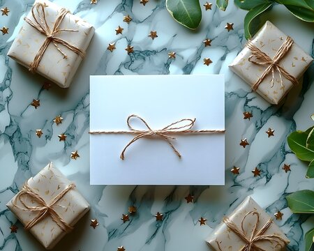 Elegant gift card on a marble background with gold confetti stars