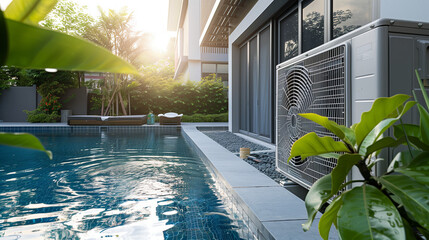 Modern air heat pump by a pool, blending efficiency with sleek outdoor design.