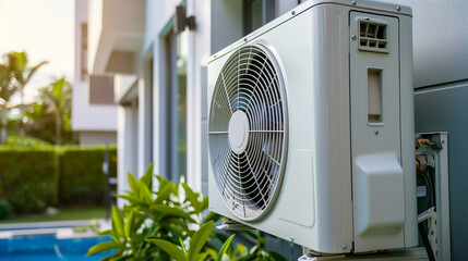 Modern air heat pump by a pool, blending efficiency with sleek outdoor design.