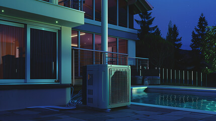 Modern air heat pump by a pool, blending efficiency with sleek outdoor design.