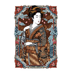 Elegant geisha in ornate batik kimono with tattoos, framed by traditional japanese patterns of waves, clouds, and flowers. Classic ukiyo-e inspired style.