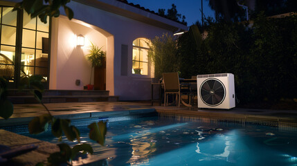 Modern air heat pump by a pool, blending efficiency with sleek outdoor design.