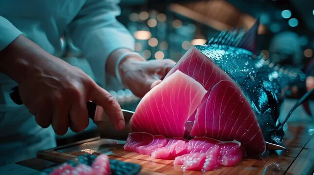 chef slicing tuna motion, tuna slice dolly reflection, chef tuna sharp precision, Tuna Slice Chef Mastery