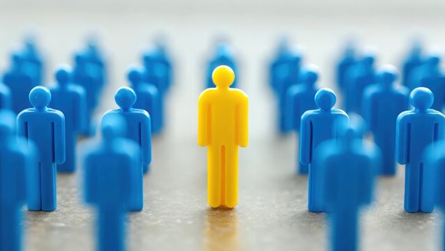 Soft focus image showing yellow figure contrasting with blue crowd, representing key business hire
