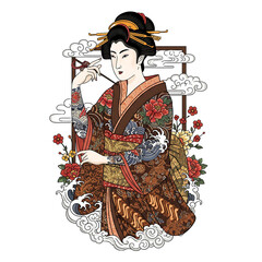Elegant geisha holding kiseru, adorned in batik kimono with traditional japanese waves, vibrant florals, and subtle batik-inspired patterns. cultural fusion in a classic art style.